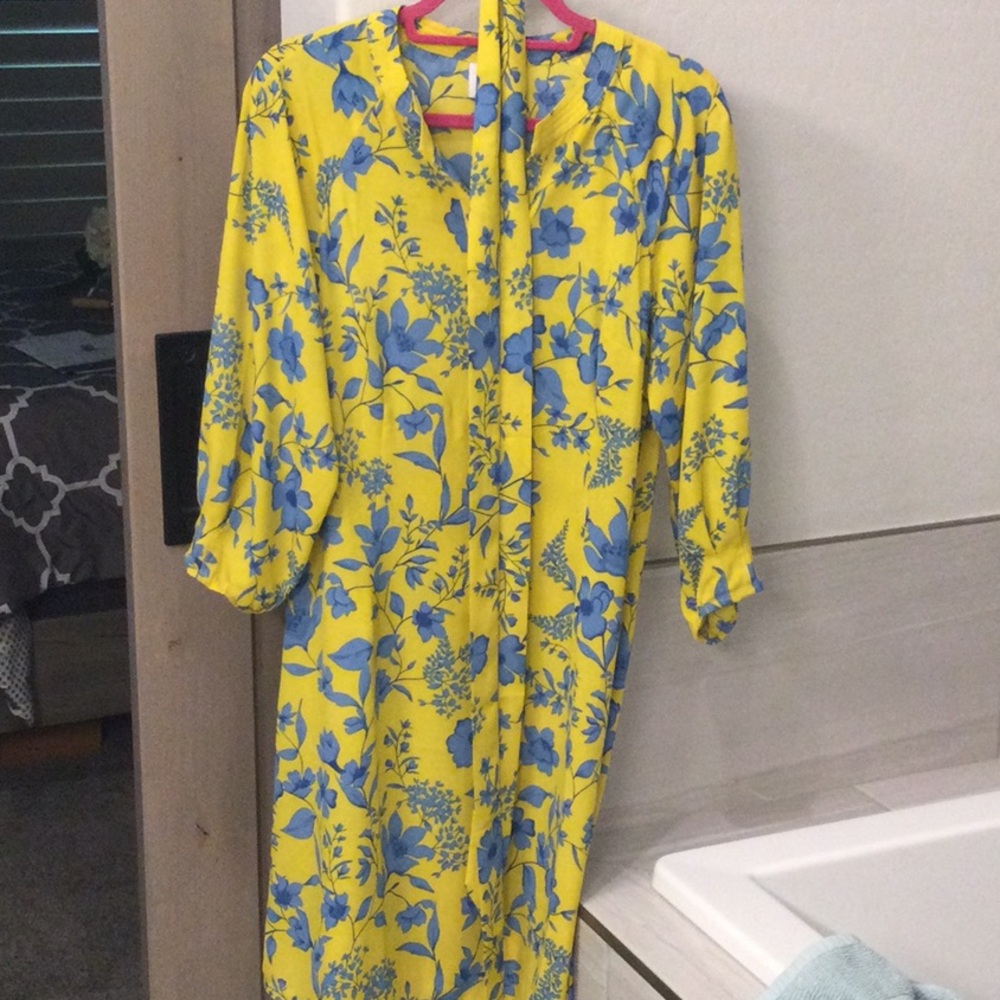 CAbi Yellow and Blue Long Sleeve Sundress with Mandarin Collar